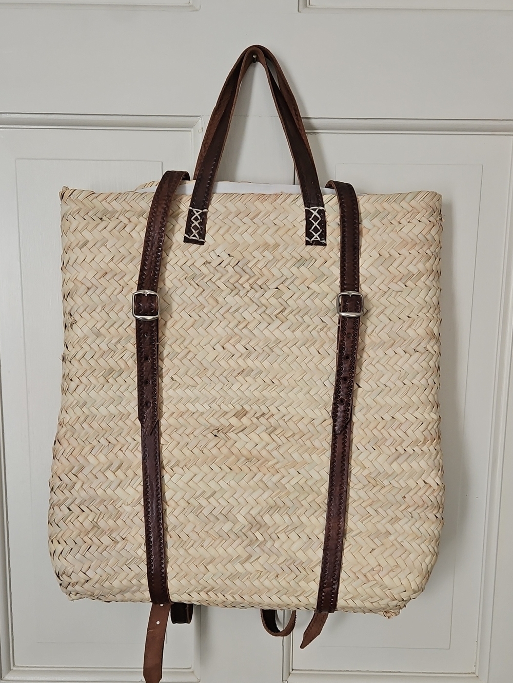 LA Collections Handwoven Straw Backpack with Brown Leather Straps